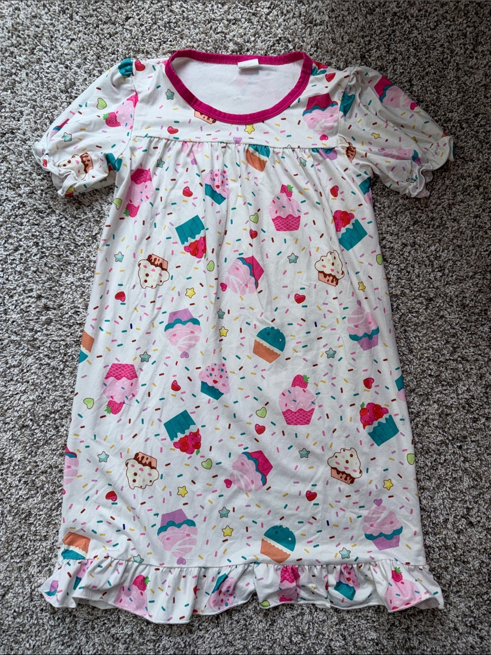 Amazon Girls side 120/5T White Cupcake Print Nightgown with Pink Trim